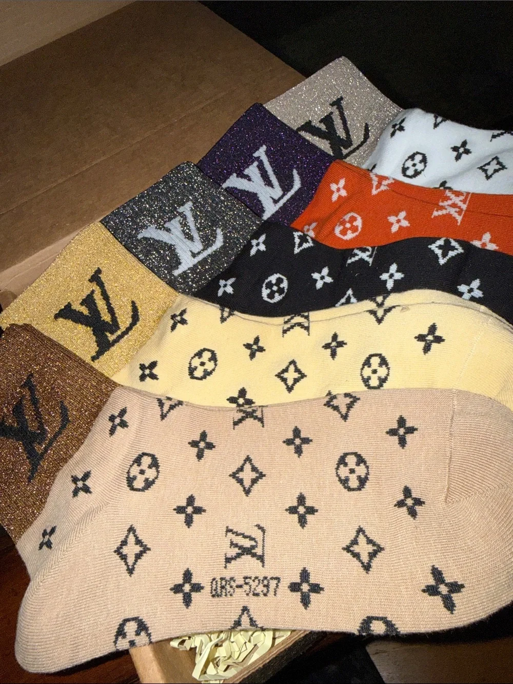 Luxury Logo Crew Socks - Beige, Yellow, Black, Orange, White, Purple, Gold